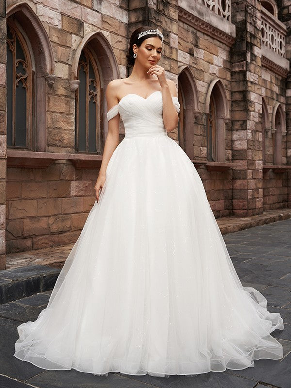 Wholesale A-Line/Princess Off-the-Shoulder Tulle Sleeveless Ruched Court Train Wedding Dresses